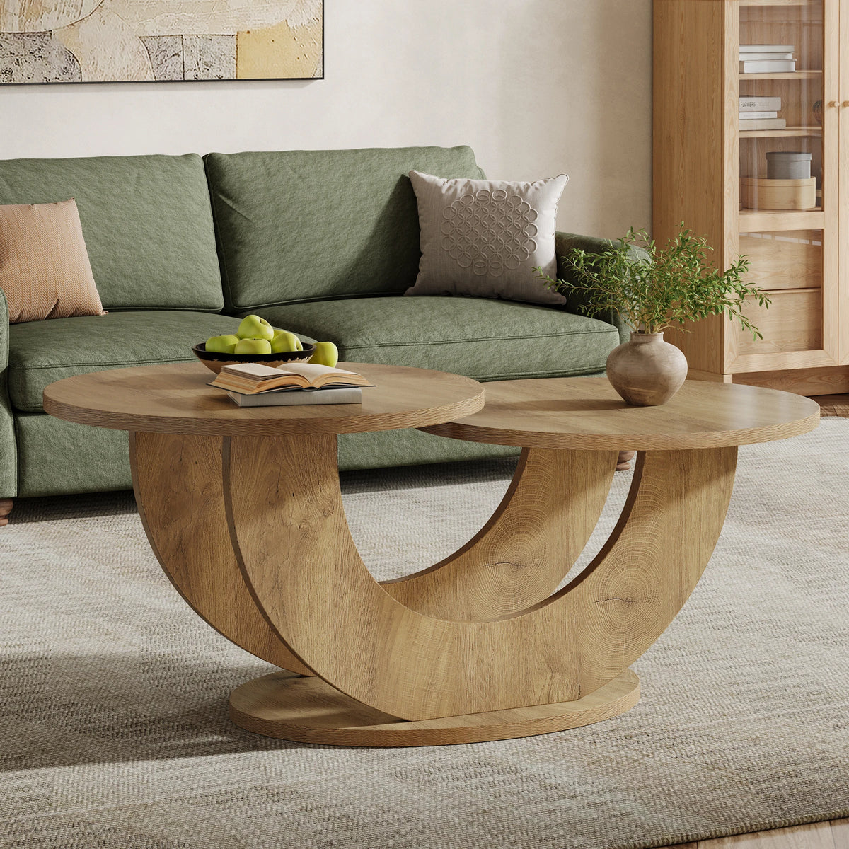 Table Basse Design Ronde – Cadre en U Original, 46 Pouces & Bois Chêne Naturel | Orbit