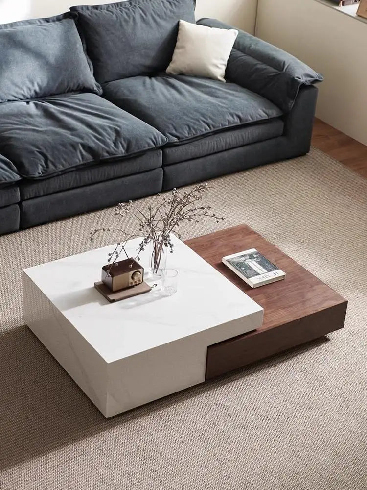 Table Basse Design Luxe – Plateau Marbre, Base Noyer & Rangement Intégré | Marmo