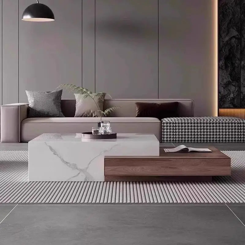 Table Basse Design Luxe – Plateau Marbre, Base Noyer & Rangement Intégré | Marmo