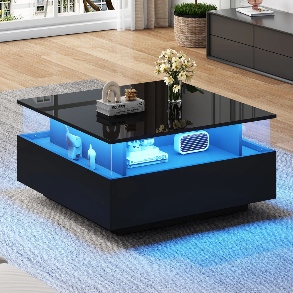 Table Basse Design LED Carrée – Zone d'Affichage Transparente, 2 Tiroirs & Haute Brillance | Noctua
