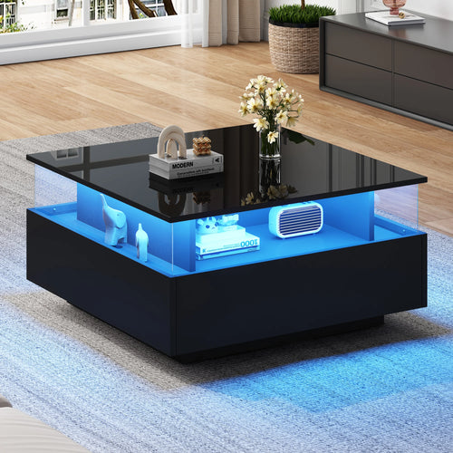 Table Basse Design LED Carrée – Zone d'Affichage Transparente, 2 Tiroirs & Haute Brillance | Noctua