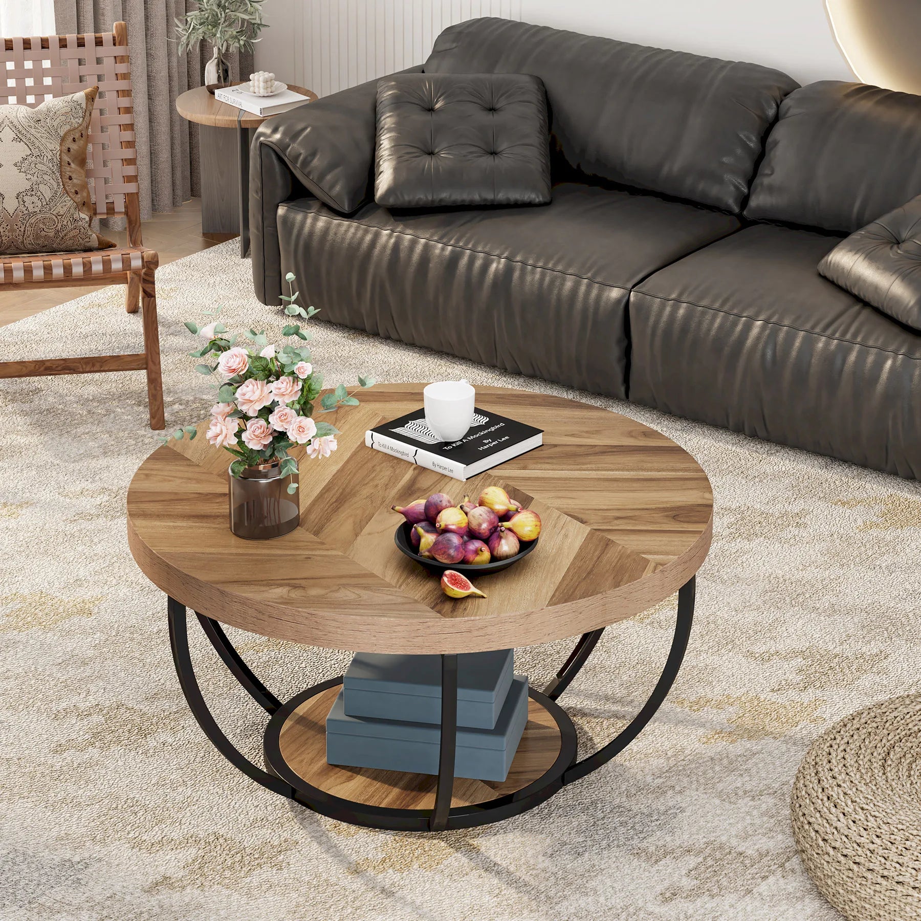 Table Basse Design Ronde Industrielle – 2 Niveaux Bois, 80 cm & 4 Coloris | Grove