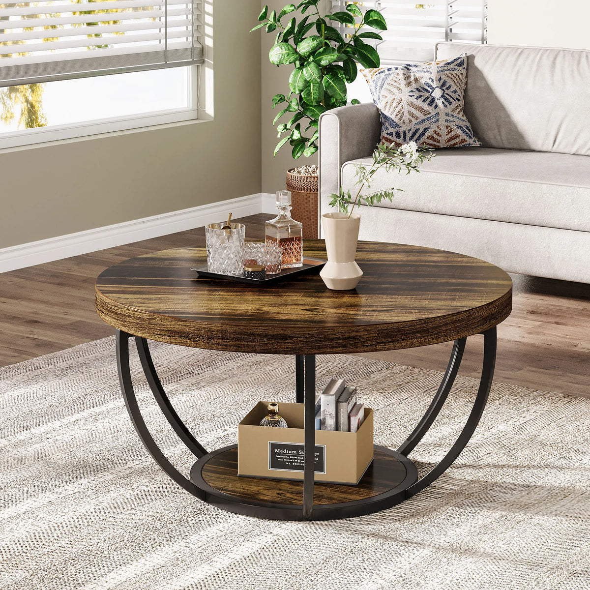 Table Basse Design Ronde Industrielle – 2 Niveaux Bois, 80 cm & 4 Coloris | Grove