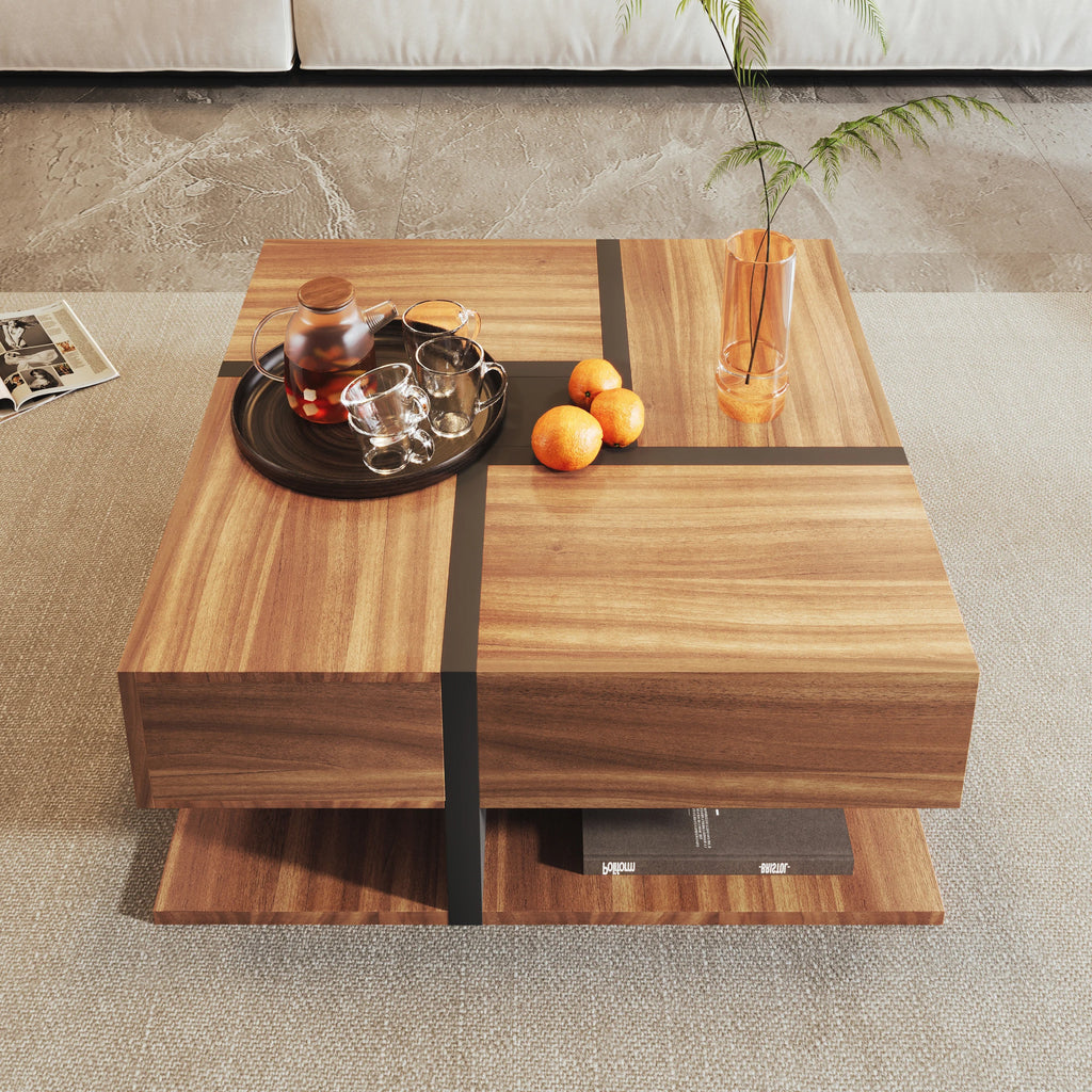 Table Basse Design Carrée – 4 Tiroirs, Étagère Intégrée & Finition Naturelle | Acajou