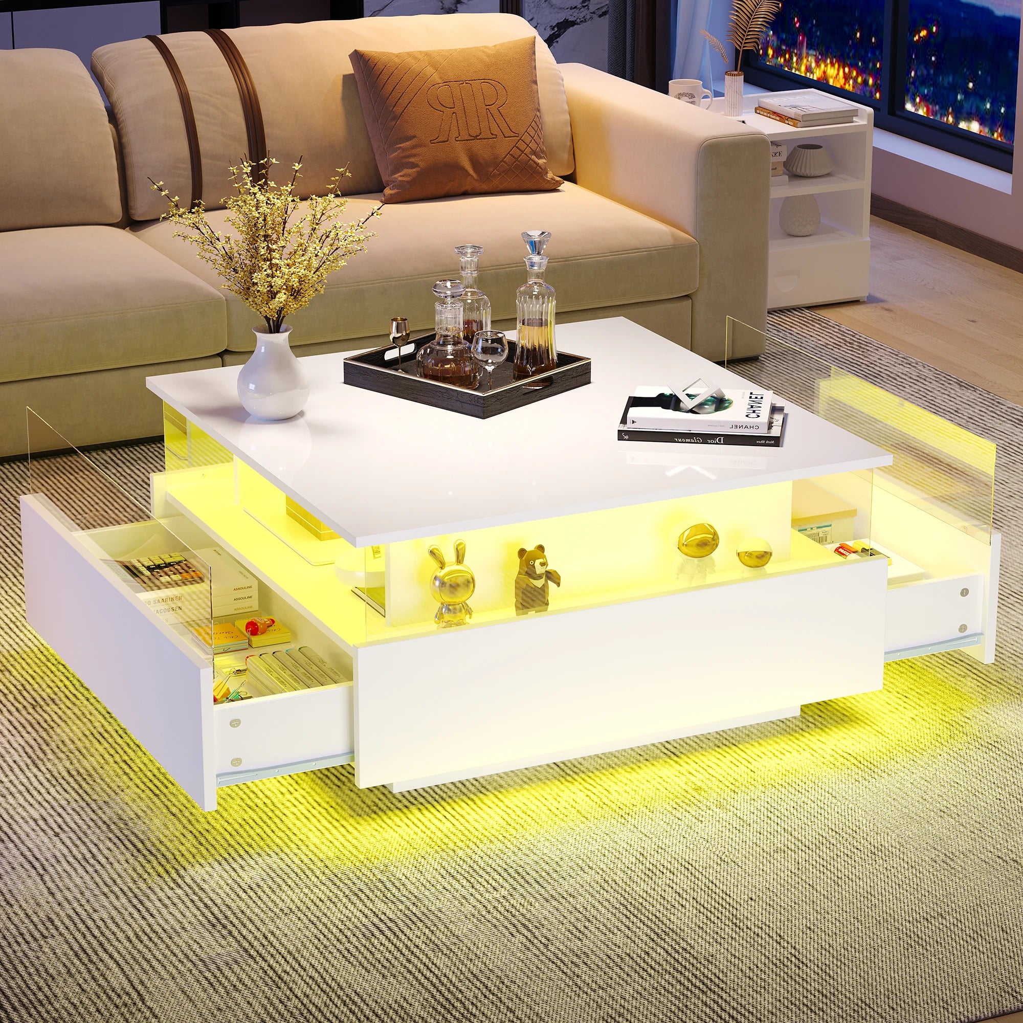 Table Basse Design LED Carrée – Zone d'Affichage Transparente, 2 Tiroirs & Haute Brillance | Noctua