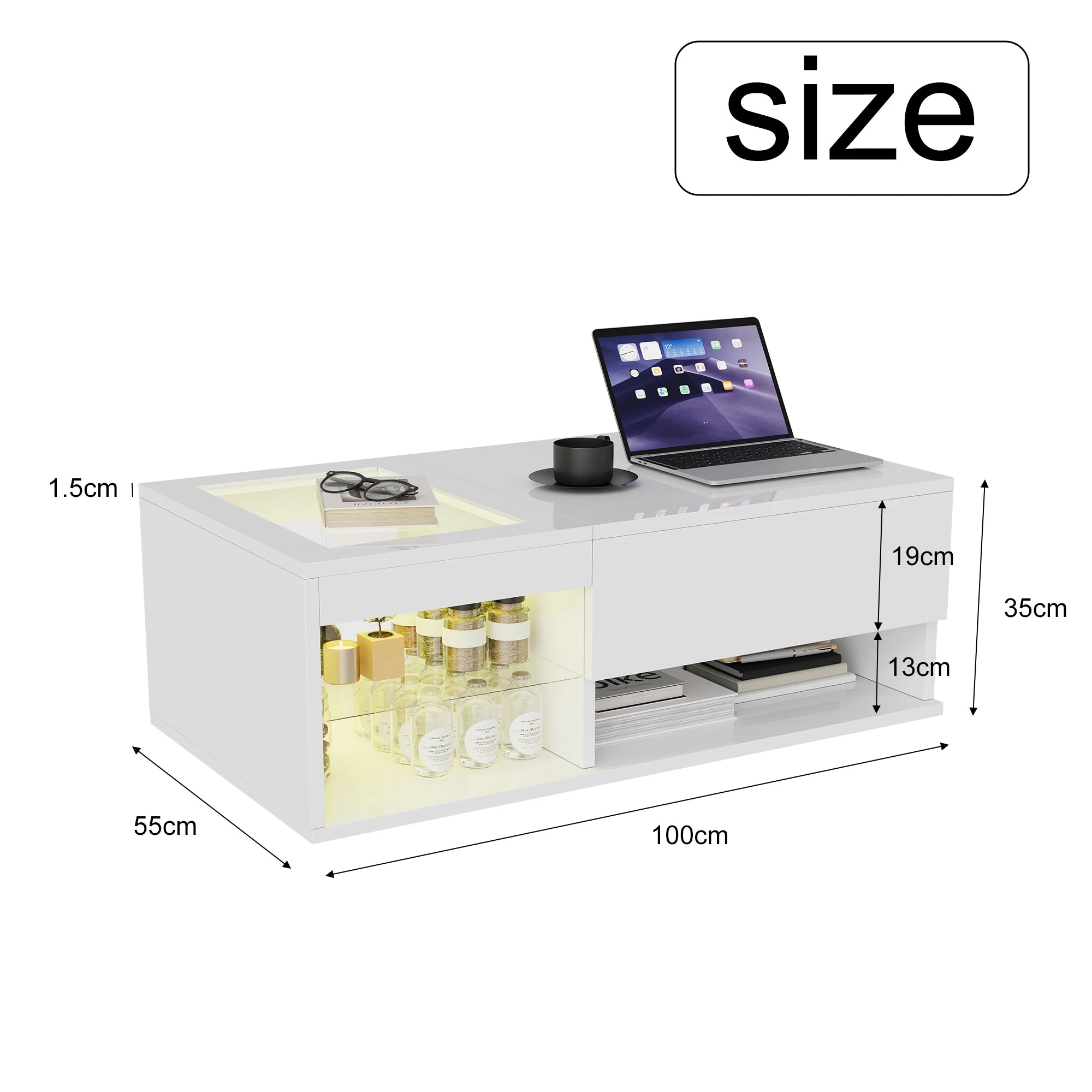 Table basse moderne Fangange - Table de salon avec fonction de levage (élévation de 15 cm), table de canapé avec éclairage LED - Design tendance - Blanc