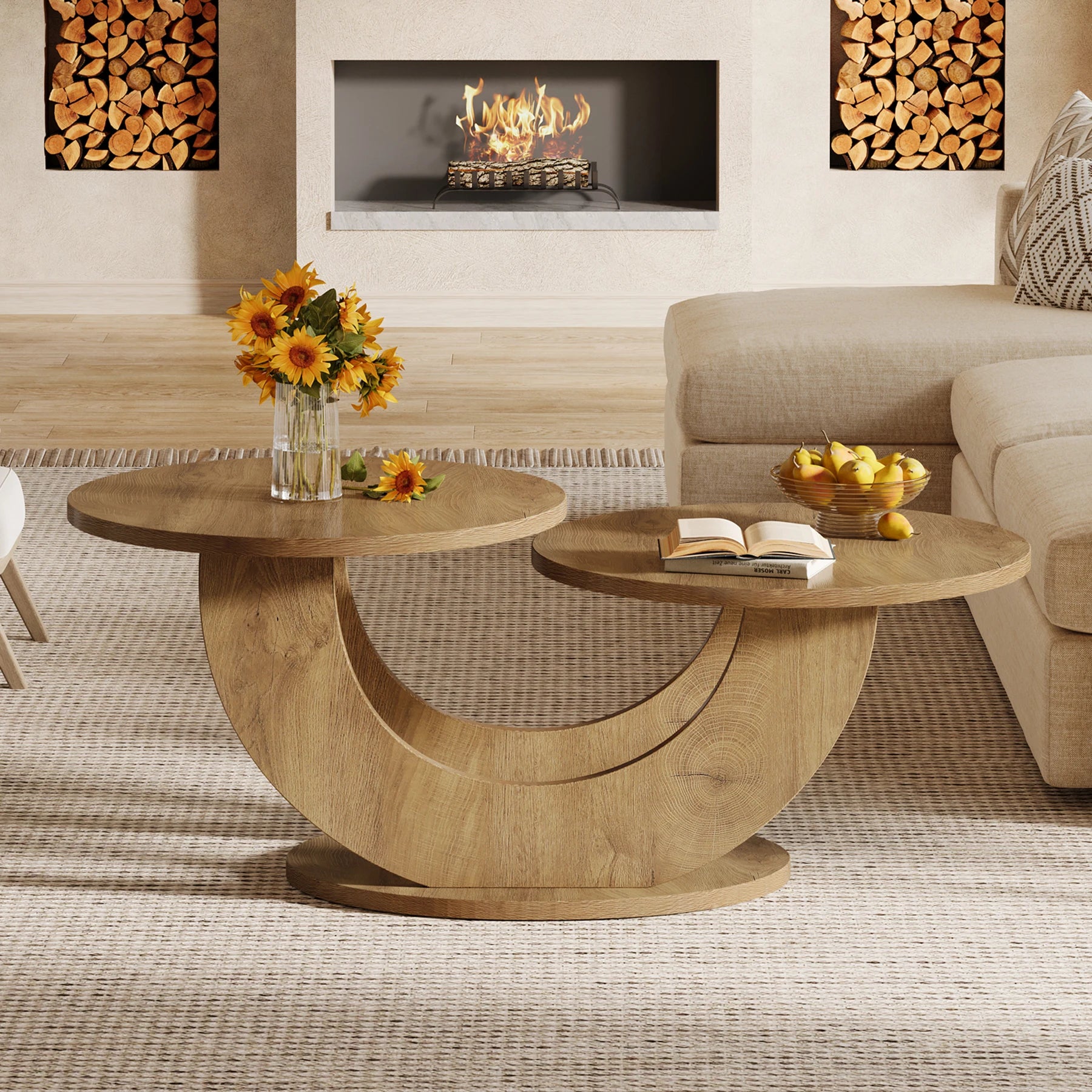 Table Basse Design Ronde – Cadre en U Original, 46 Pouces & Bois Chêne Naturel | Orbit