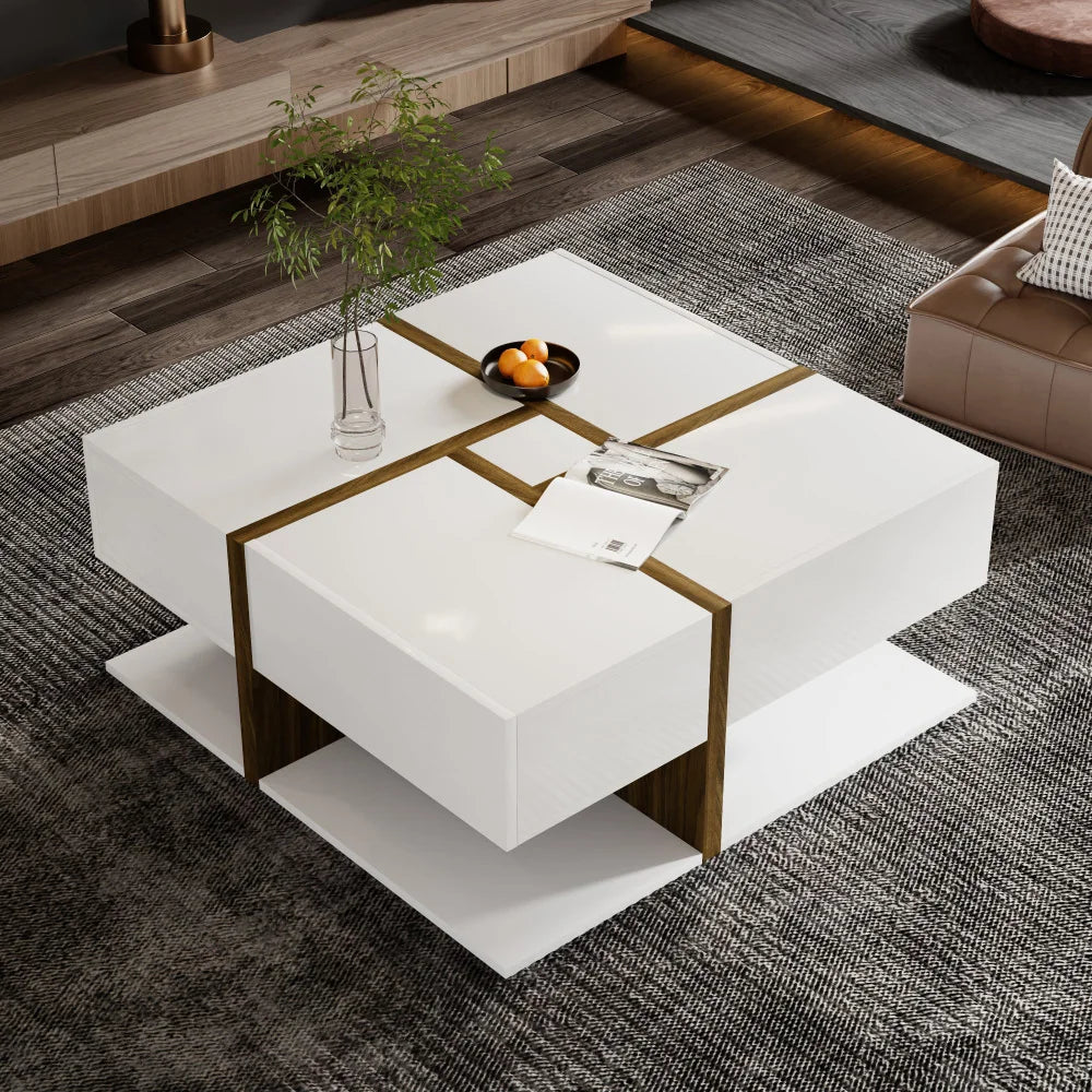 Table Basse Design Carrée – 4 Tiroirs, Étagère Intégrée & Finition Naturelle | Acajou