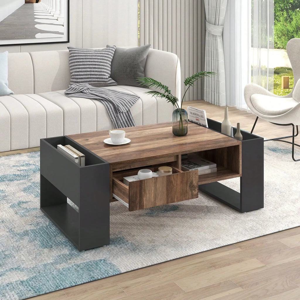 Table Basse Design Bois – Étagère Double Face, Tiroirs & Grain Naturel | Grain