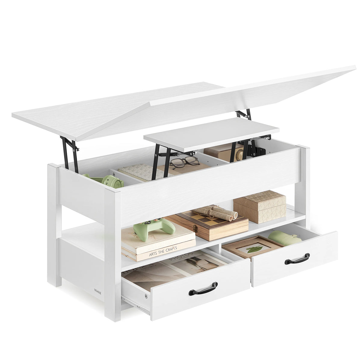 Table Basse Design Relevable – Vérin à Gaz, 2 Tiroirs, 4 Compartiments & Bois Naturel | Lift
