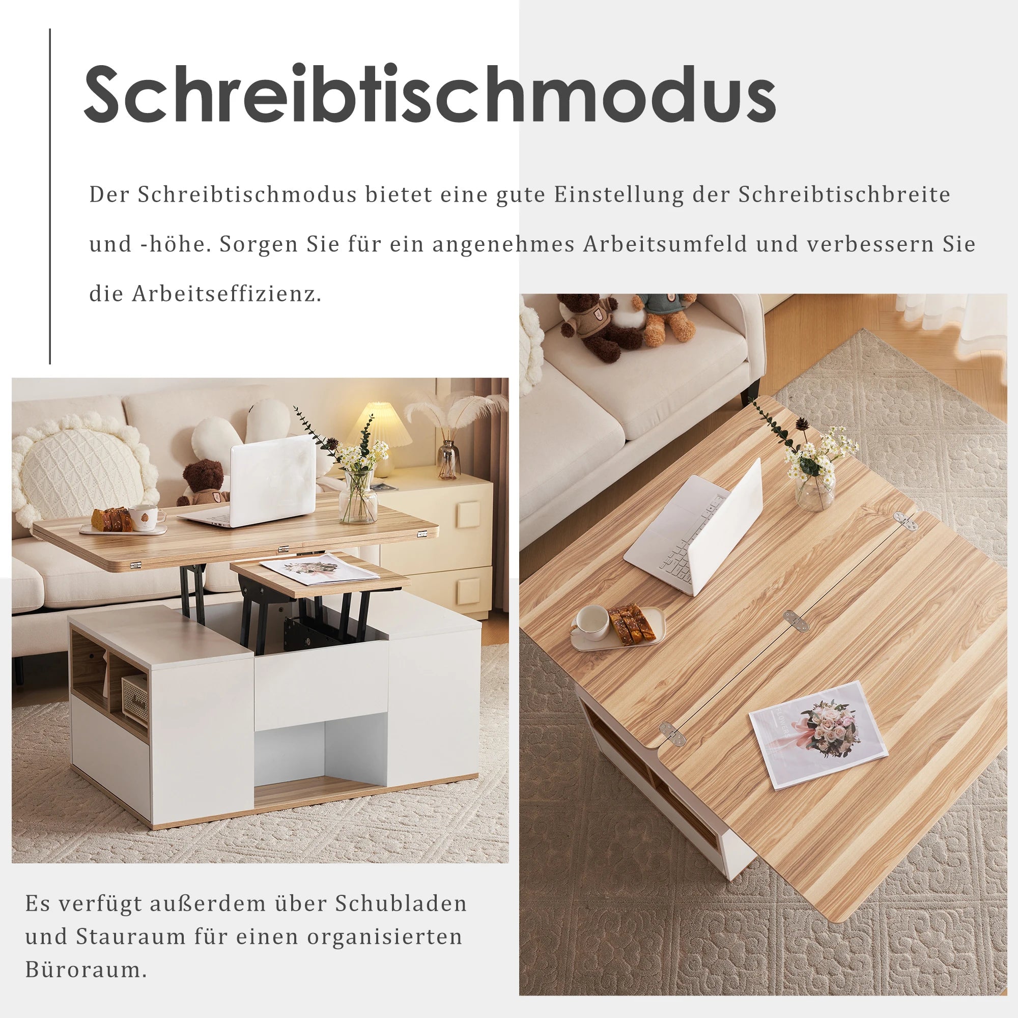 Table Basse Design Multifonction – 2 Plateaux Séparables, Relevable & Tiroir de Rangement | Dualys
