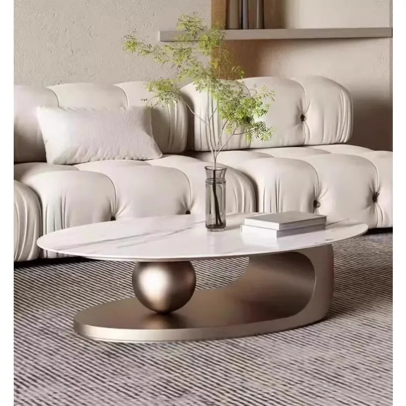 Table Basse Design Ovale – Effet Pierre Naturelle, Base Métal & 6 Formats | Silex