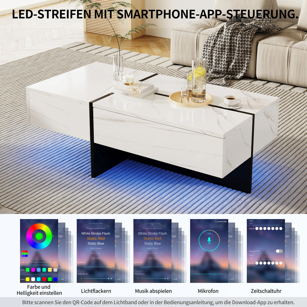 Table Basse Design Marbre Blanc LED – Éclairage Appli, 100×50 cm & Finition Luxe | Calacatta