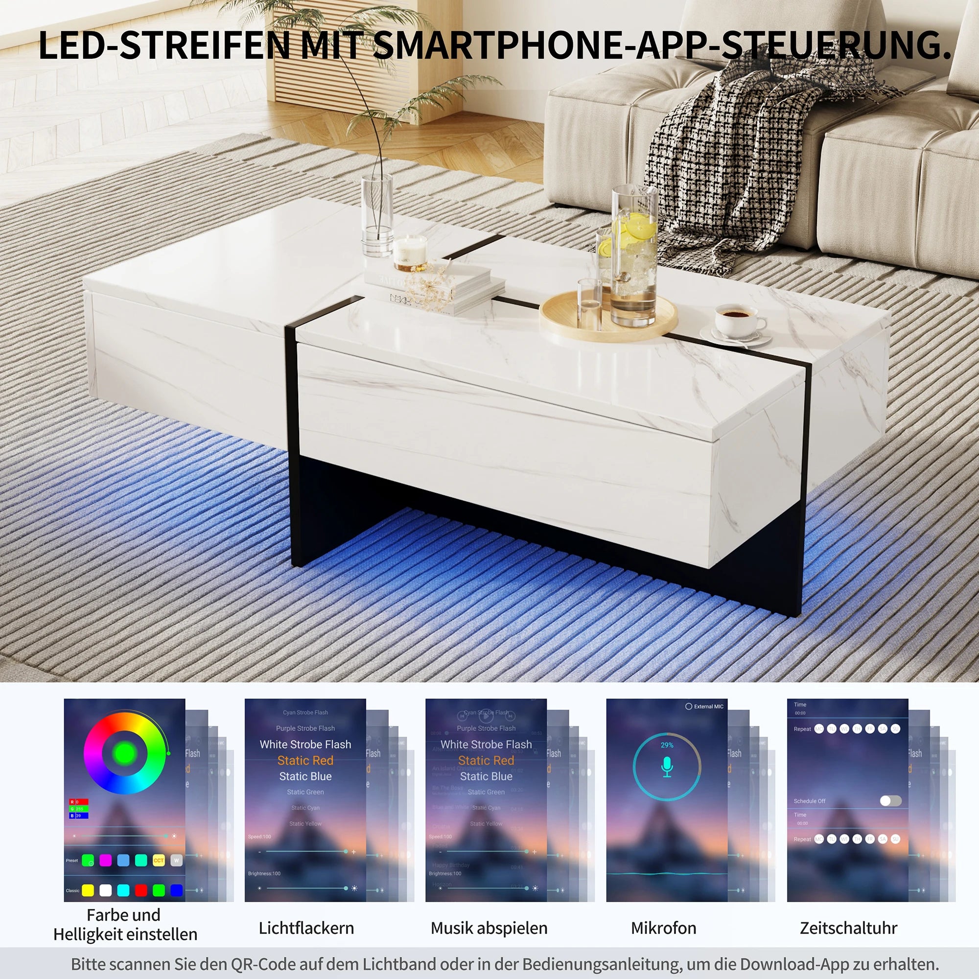 Table Basse Design Marbre Blanc LED – Éclairage Appli, 100×50 cm & Finition Luxe | Calacatta