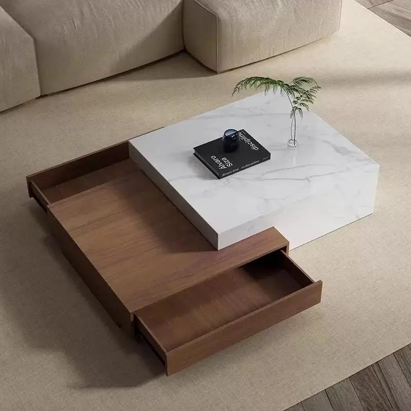 Table Basse Design Luxe – Plateau Marbre, Base Noyer & Rangement Intégré | Marmo