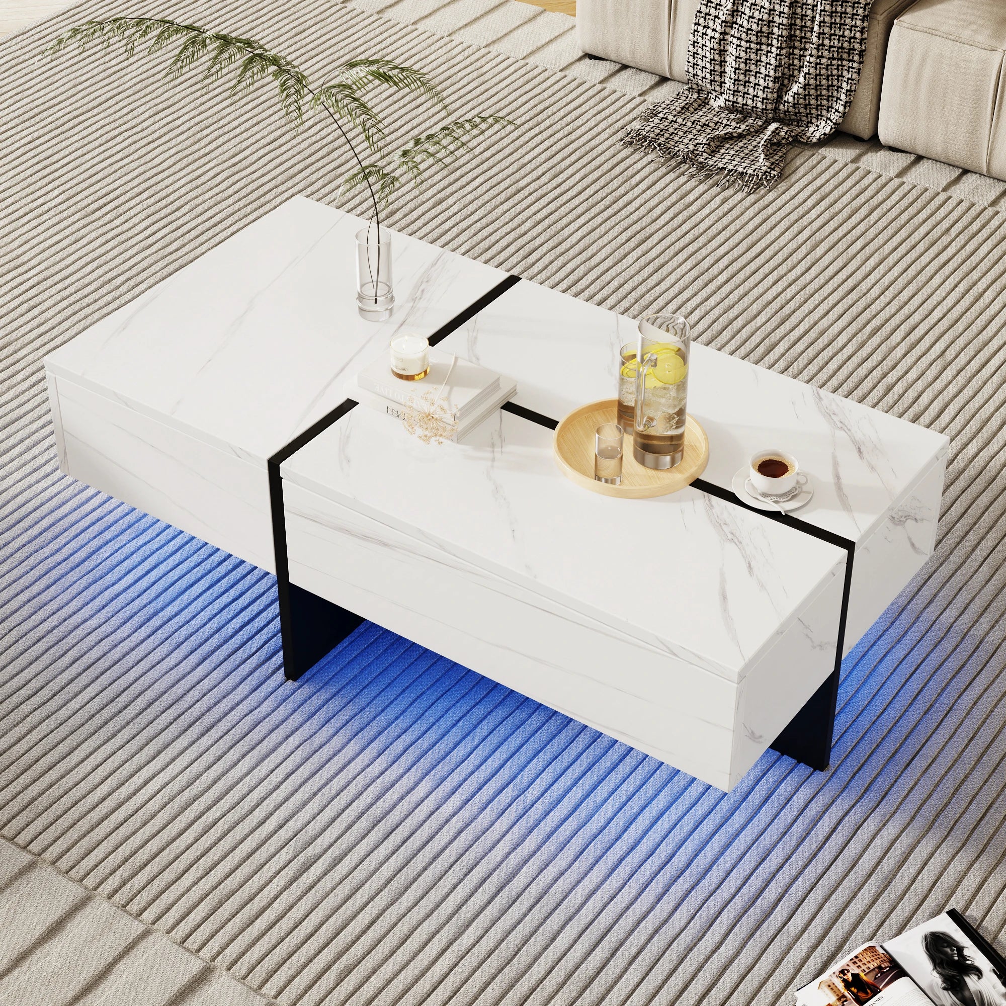 Table Basse Design Marbre Blanc LED – Éclairage Appli, 100×50 cm & Finition Luxe | Calacatta