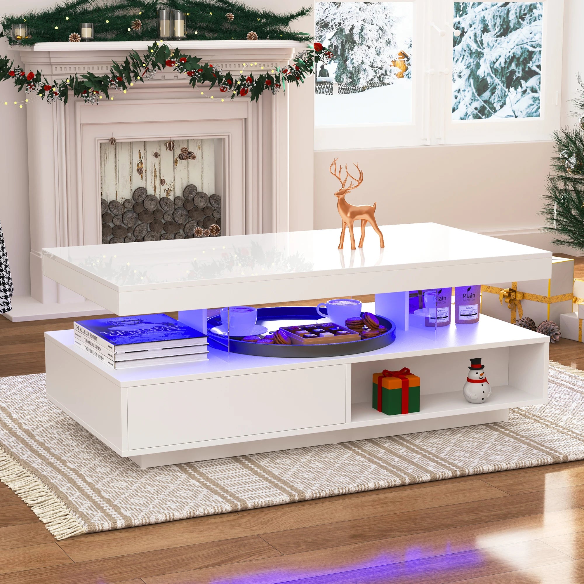 Table basse blanche à finition brillante 95x50x42,5 cm - avec 4 plateaux en verre, 2 tiroirs et 2 compartiments, table basse moderne XXL avec espace de rangement