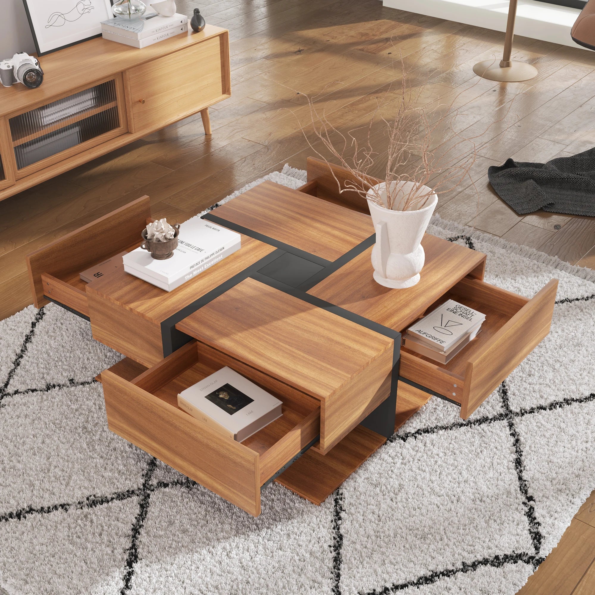 Table Basse Design Carrée – 4 Tiroirs, Étagère Intégrée & Finition Naturelle | Acajou