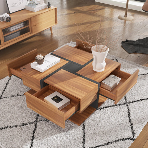 Table Basse Design Carrée – 4 Tiroirs, Étagère Intégrée & Finition Naturelle | Acajou