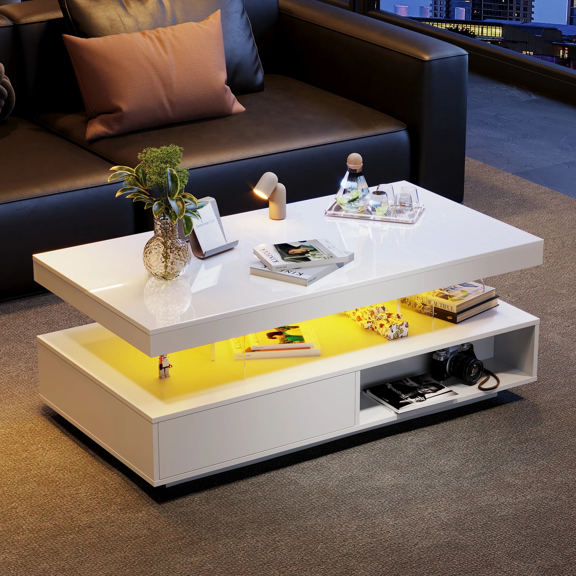 Table basse blanche à finition brillante 95x50x42,5 cm - avec 4 plateaux en verre, 2 tiroirs et 2 compartiments, table basse moderne XXL avec espace de rangement