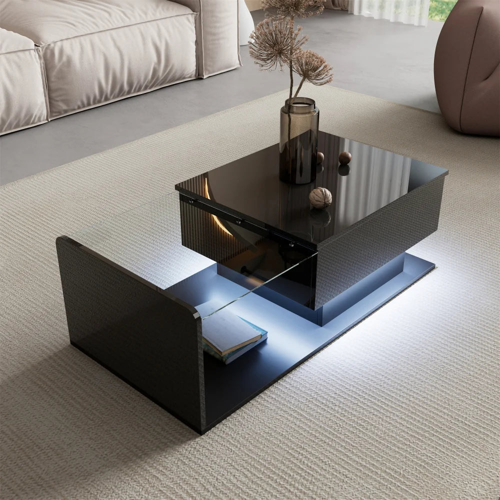 Table Basse Design Noire Relevable LED – Rangement Compartiments & Finition Brillante | Eclipse
