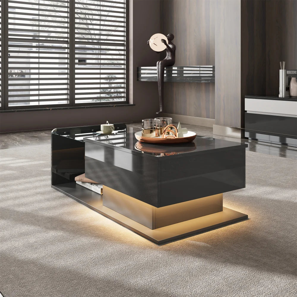 Table Basse Design Noire Relevable LED – Rangement Compartiments & Finition Brillante | Eclipse