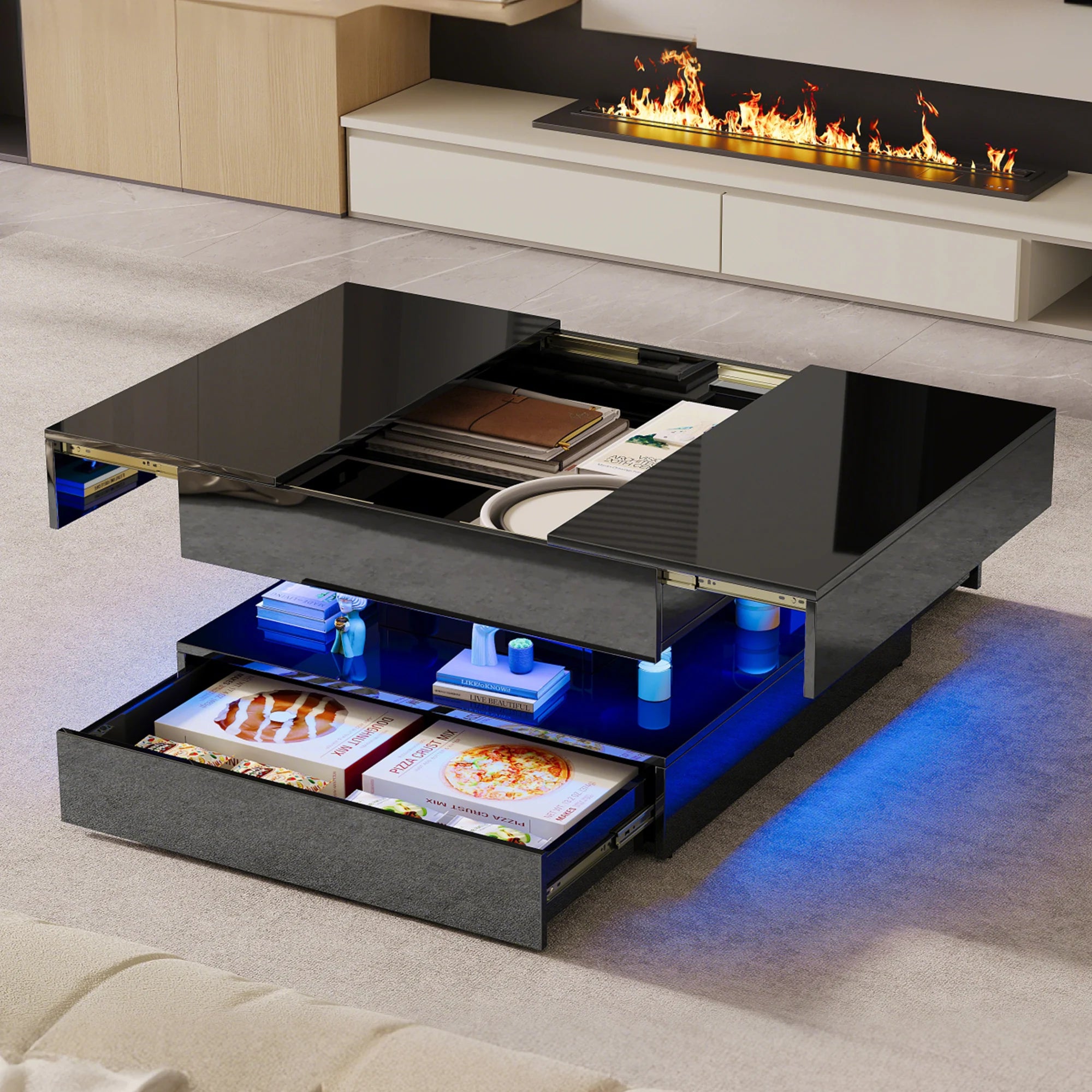 Table Basse Design Carrée LED – Tiroirs, Finition Haute Brillance Noir & Blanc | Rubis