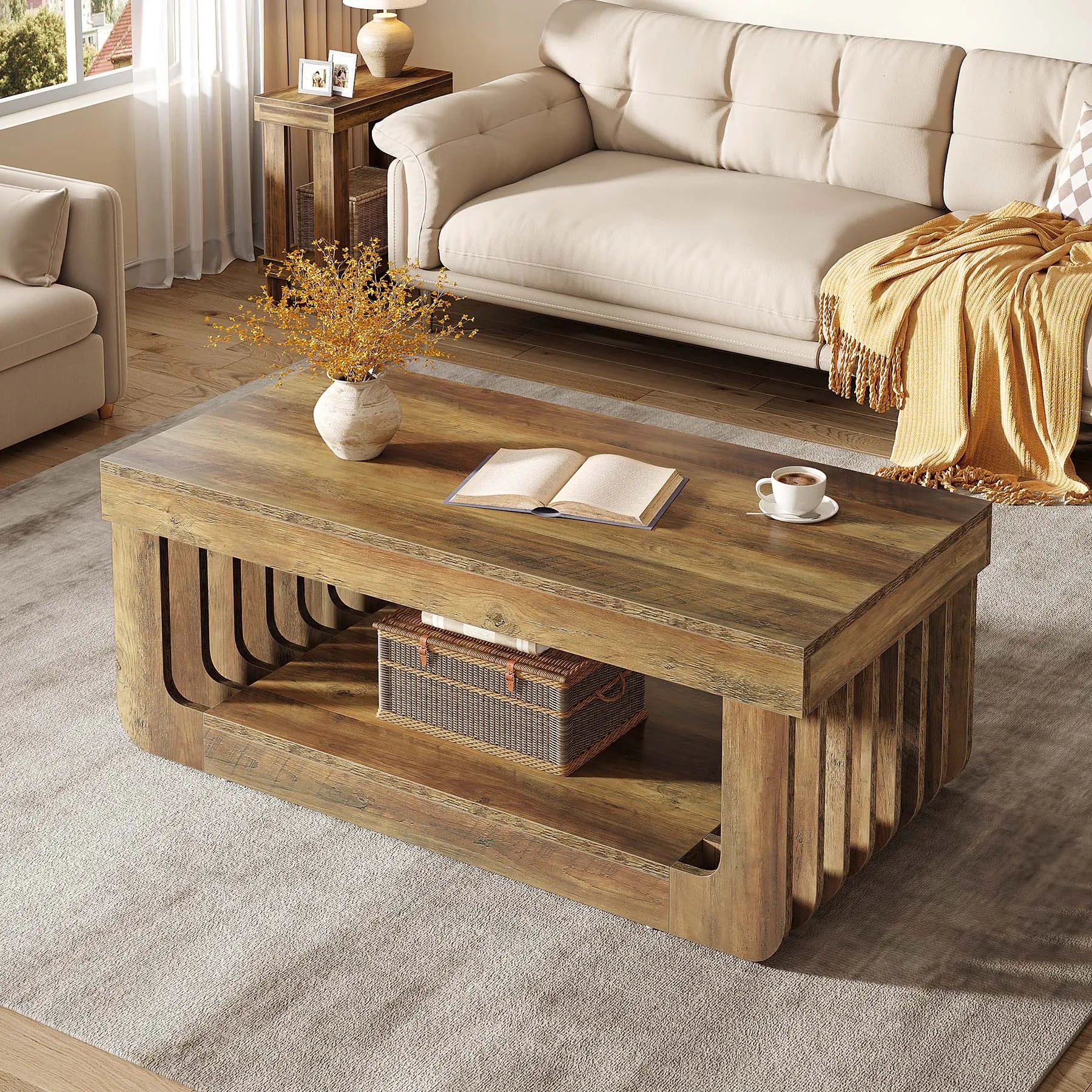 Table Basse Design Bois 2 Niveaux – Étagère de Rangement, Style Naturel | Timber