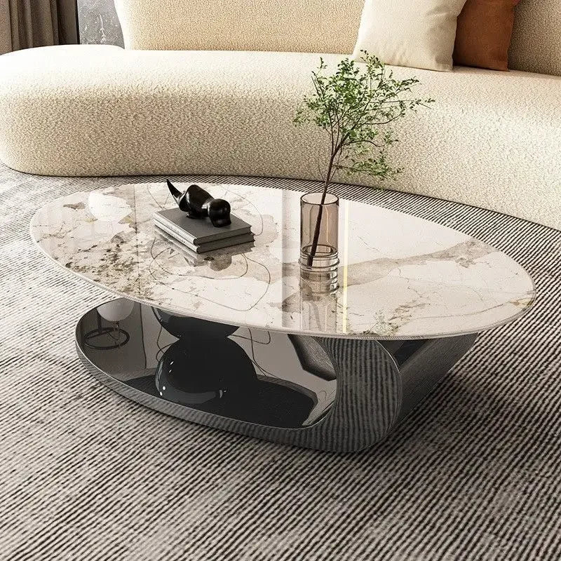 Table Basse Design Ovale – Effet Pierre Naturelle, Base Métal & 6 Formats | Silex