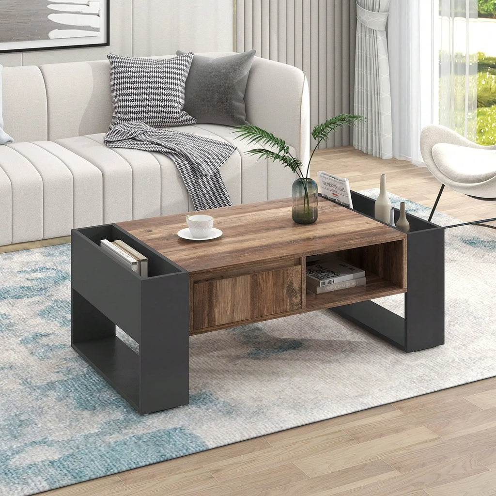 Table Basse Design Bois – Étagère Double Face, Tiroirs & Grain Naturel | Grain