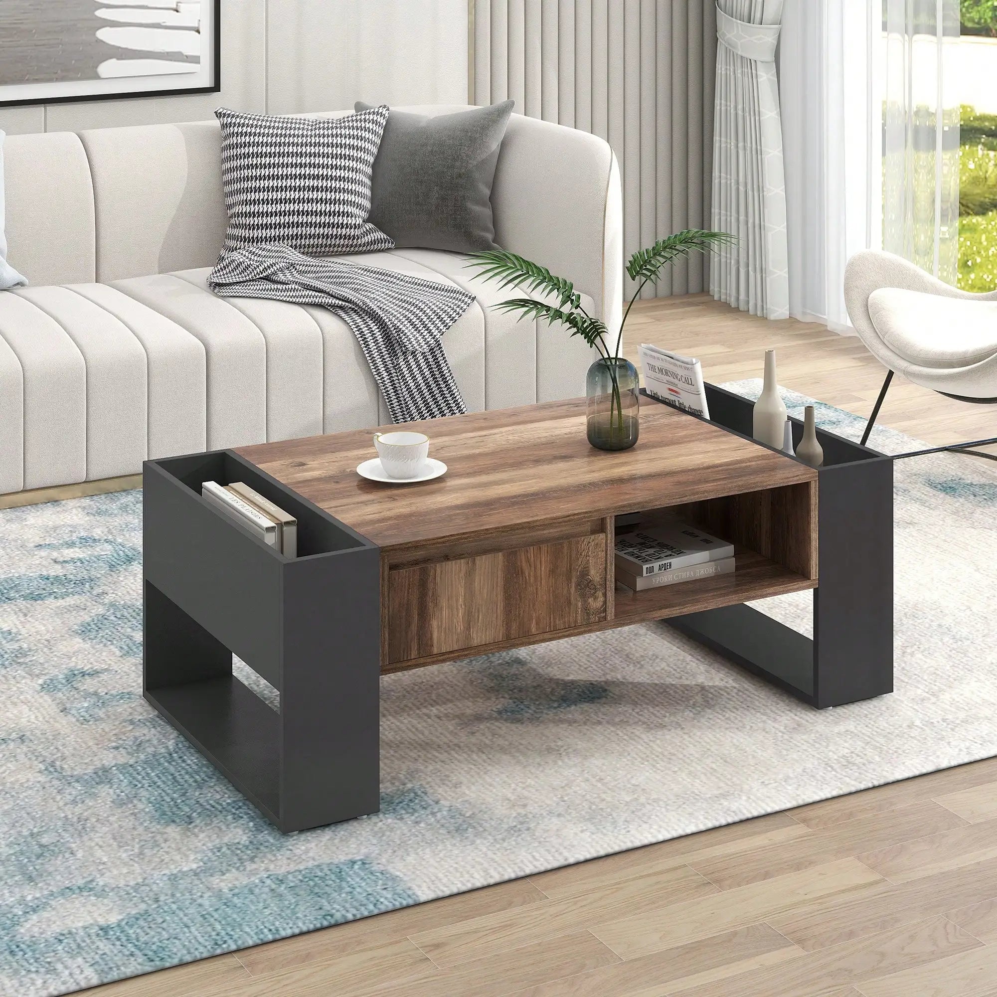 Table Basse Design Bois – Étagère Double Face, Tiroirs & Grain Naturel | Grain