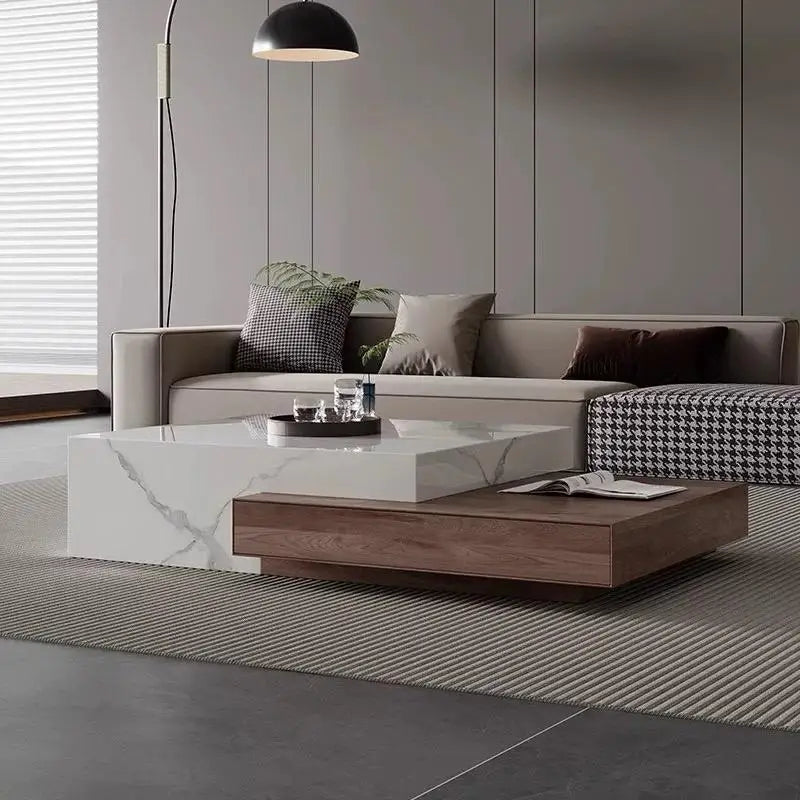 Table Basse Design Luxe – Plateau Marbre, Base Noyer & Rangement Intégré | Marmo
