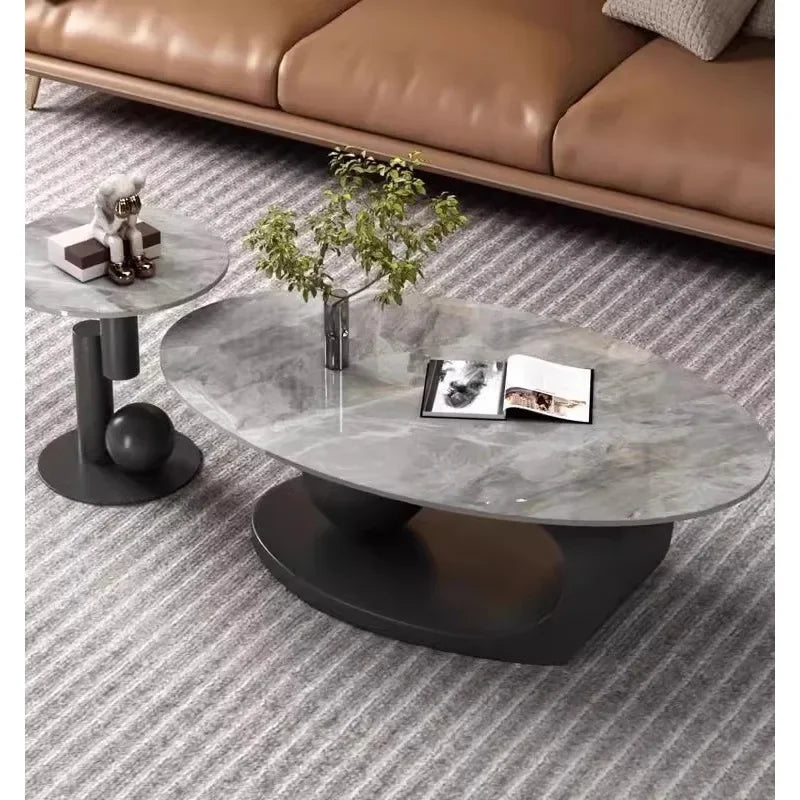 Table Basse Design Ovale – Effet Pierre Naturelle, Base Métal & 6 Formats | Silex