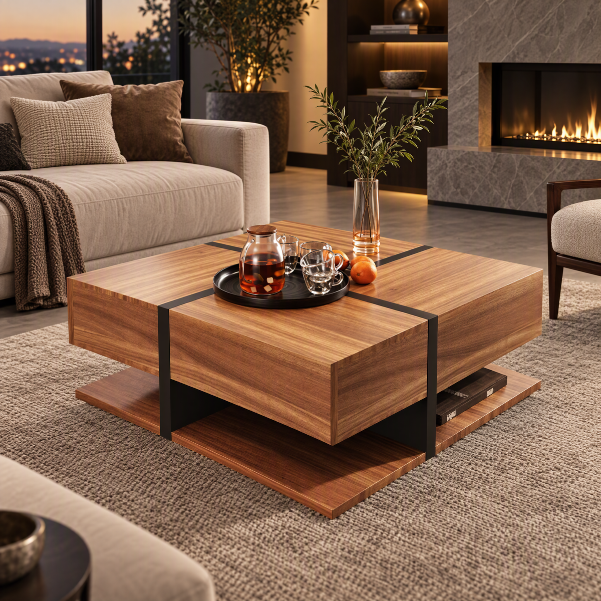 Table Basse Design Carrée – 4 Tiroirs, Étagère Intégrée & Finition Naturelle | Acajou