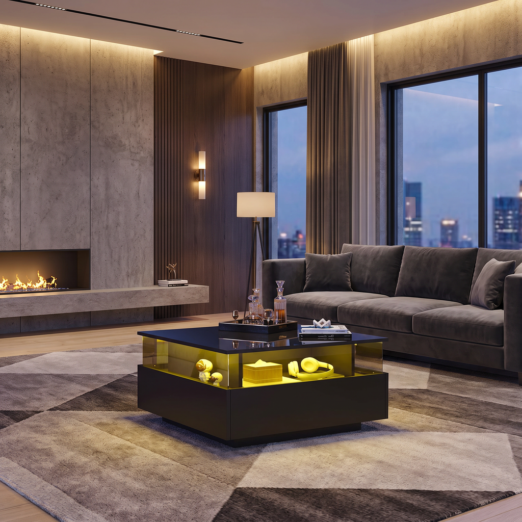 Table Basse Design LED Carrée – Zone d'Affichage Transparente, 2 Tiroirs & Haute Brillance | Noctua