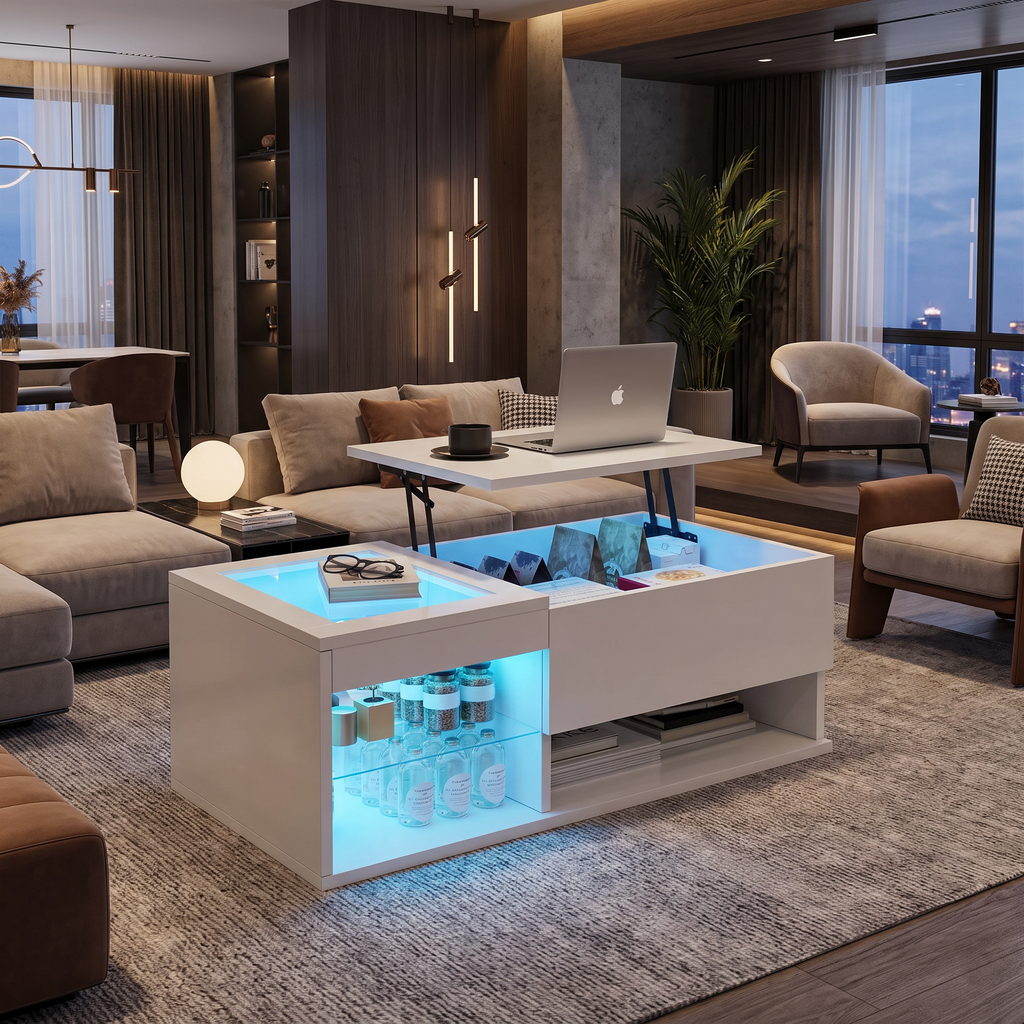 Table Basse Design LED – Plateau Élévatoire +15 cm, Rangement Caché & Haute Brillance | Nobis
