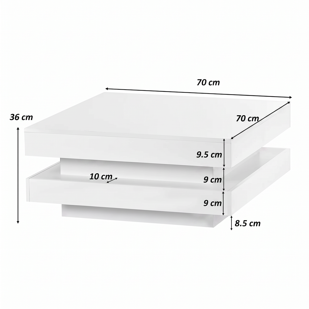 Table Basse Design Carrée – Plateau Rotatif, LED Bluetooth & Finition Blanche Premium | Zenith