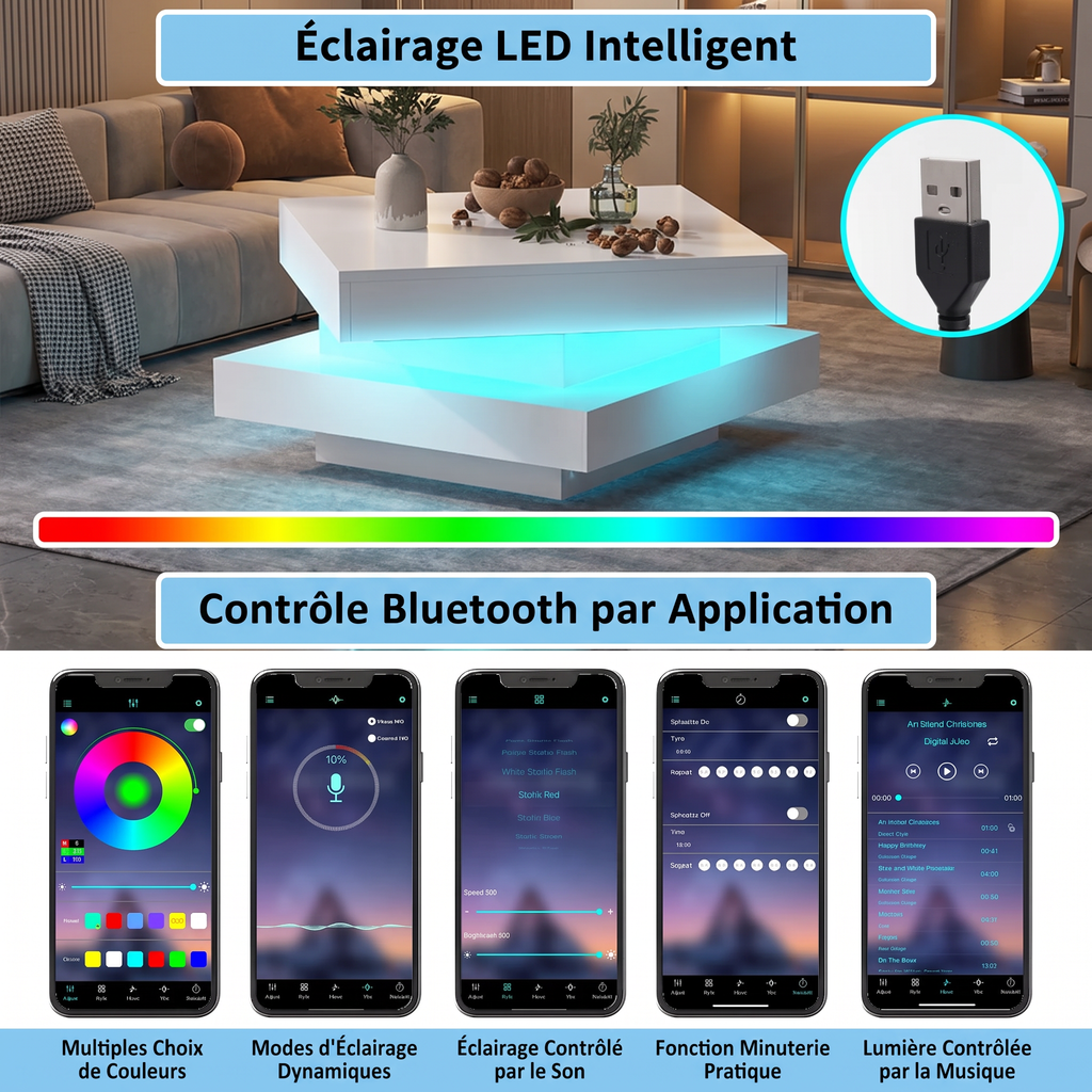 Table Basse Design Carrée – Plateau Rotatif, LED Bluetooth & Finition Blanche Premium | Zenith