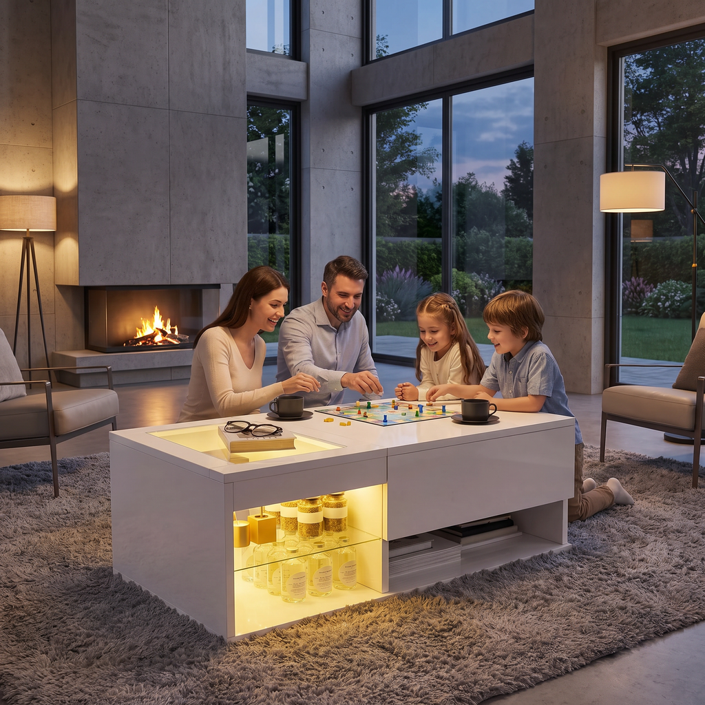 Table Basse Design LED – Plateau Élévatoire +15 cm, Rangement Caché & Haute Brillance | Nobis