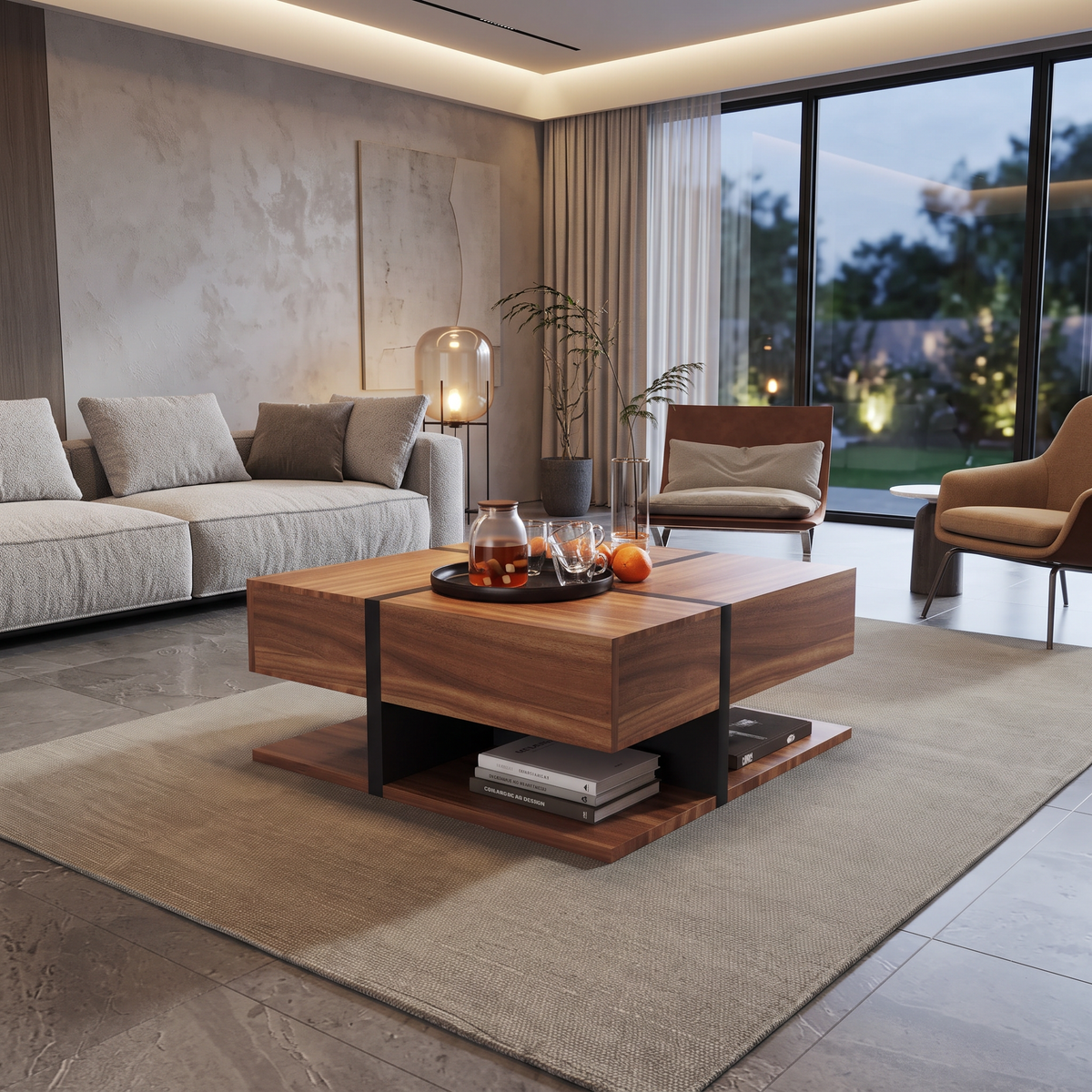 Table Basse Design Carrée – 4 Tiroirs, Étagère Intégrée & Finition Naturelle | Acajou
