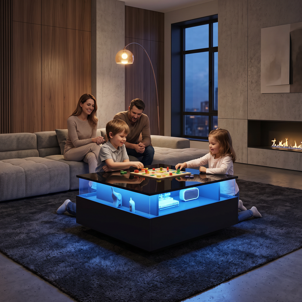 Table Basse Design LED Carrée – Zone d'Affichage Transparente, 2 Tiroirs & Haute Brillance | Noctua