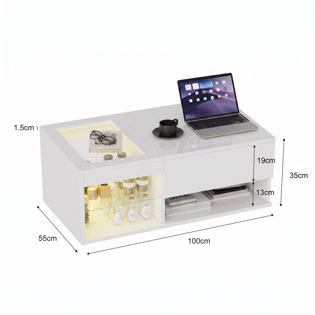 Table Basse Design LED – Plateau Élévatoire +15 cm, Rangement Caché & Haute Brillance | Nobis